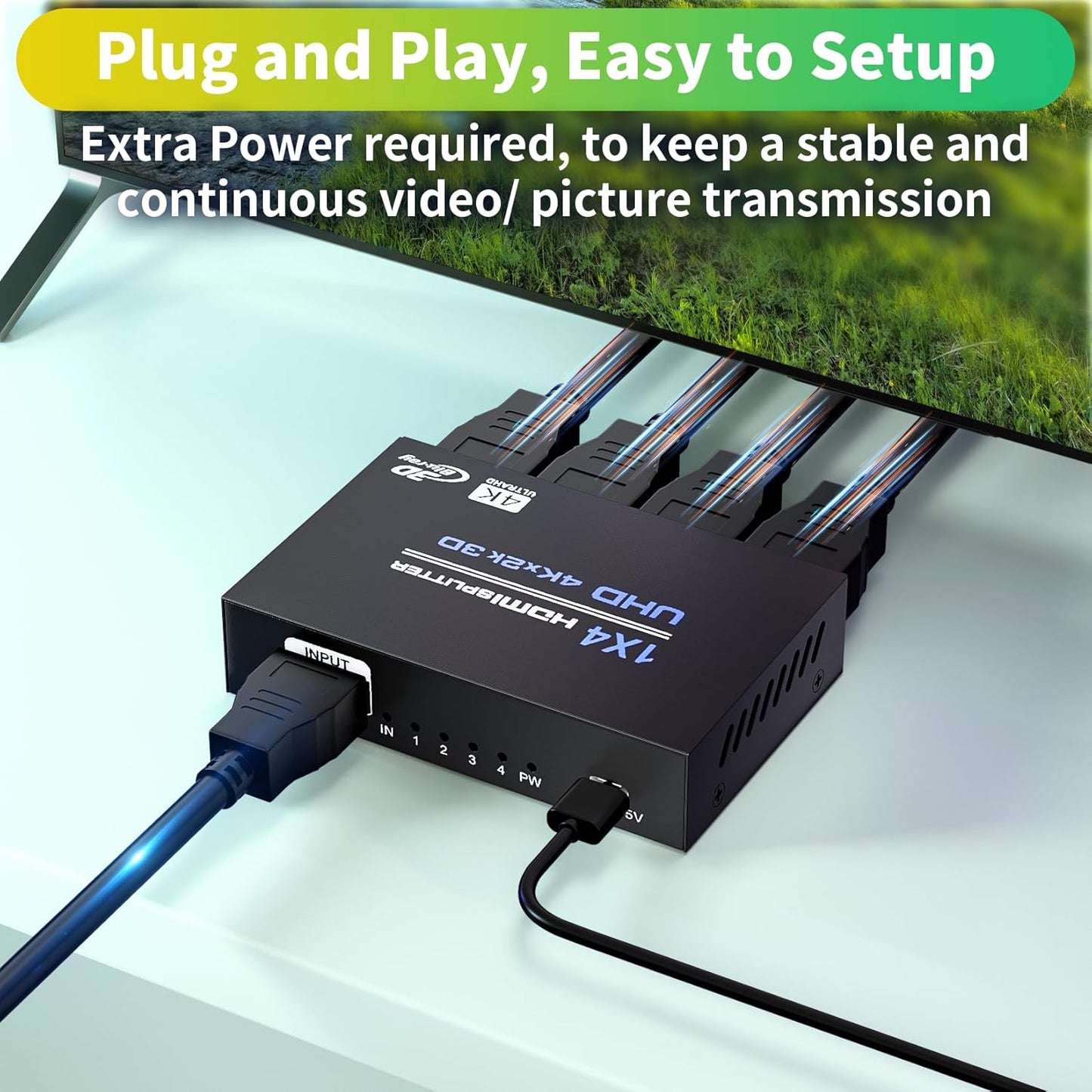 BolAAzuL 4K 1X4 1 4 2ft 3D 1080P 1 4 HDMI Splitter in Out with HDMI Cable Mirror/Duplicate Only, Powered, for Copy