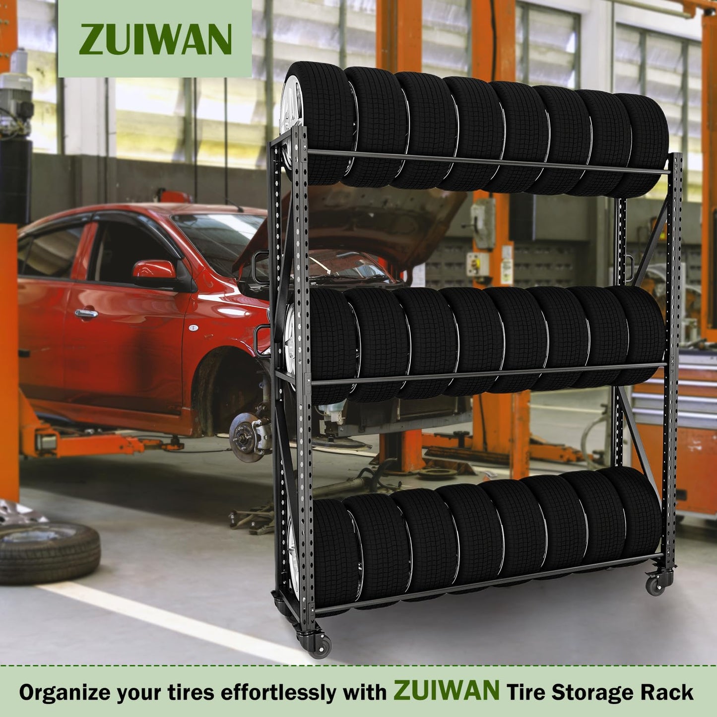 ZUIWAN Large 83" H 3-Tier Rolling Tire Rack for Garage - Heavy Duty 2200LBS Capacity Adjustable Metal Tire Storage Rack with 4 Self-Locking Casters