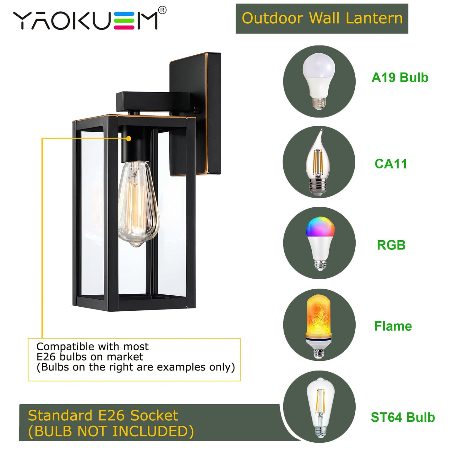 YaoKuem Outdoor Wall Lantern, E26 Medium Base, Metal & Glass, 13 inch, Oil Rubbed Bronze Finish, Model YK-WL007-ORB-1PK