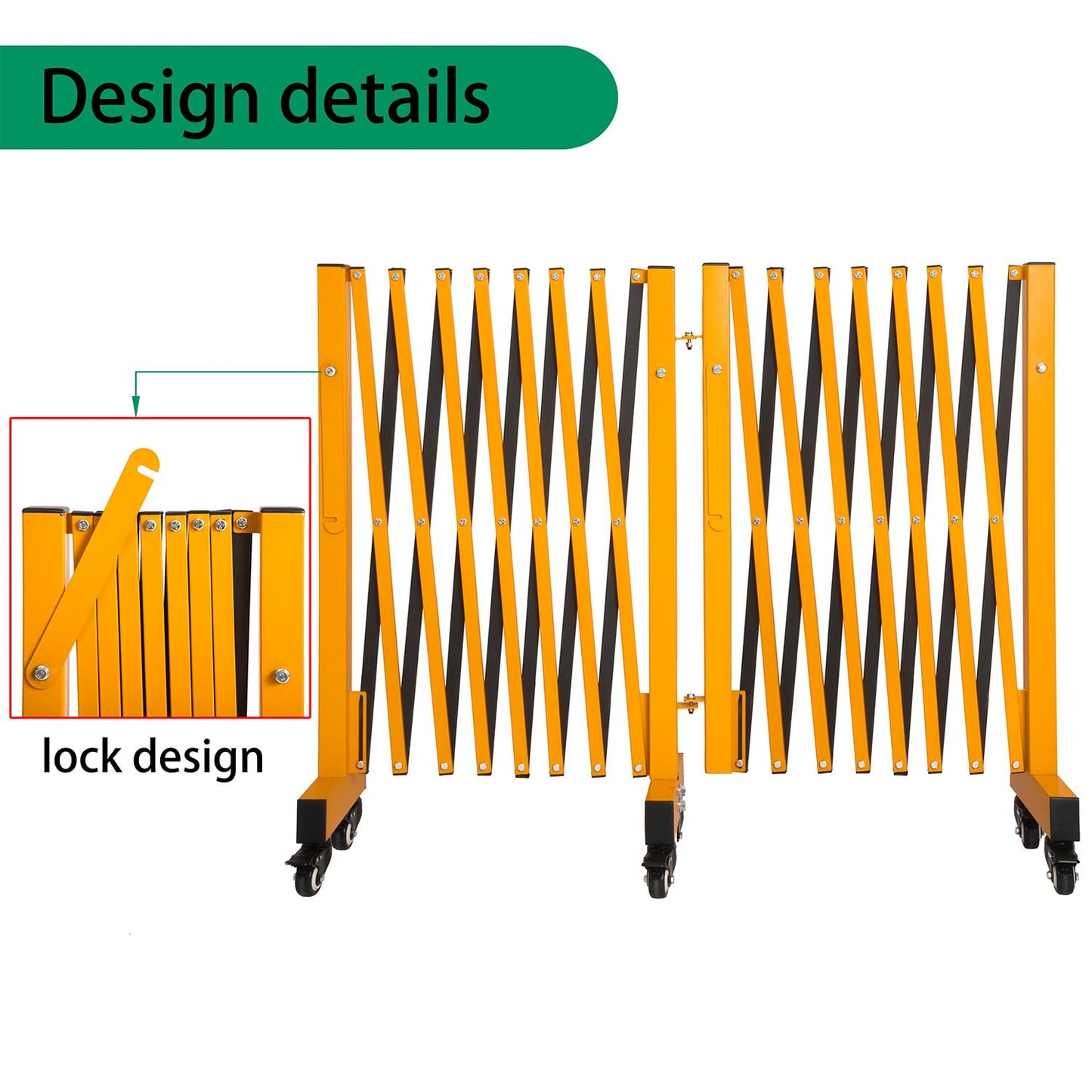 LTSEAME 16.5FT Expandable Barricade Gate, Expandable Metal Barricade Gate Alloy Fence and 270 Degrees Direction Adjustment with Wheels, for Industrial or Residential Use (Yellow, 16.5FT)