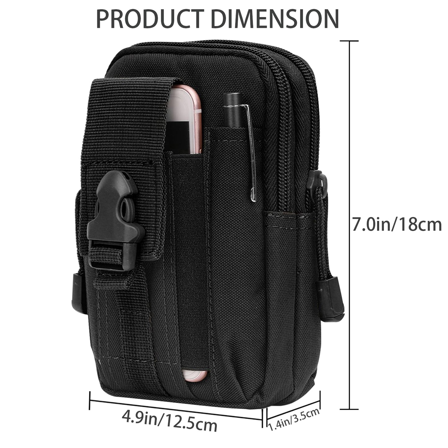 2 Pack Tactical EDC Pouch, Small Utility Pouches molle Phone Pouch Tool Pouch Belt Pouches for Men Tactical Vest Accessories with Aluminum Alloy Carabiner - Black