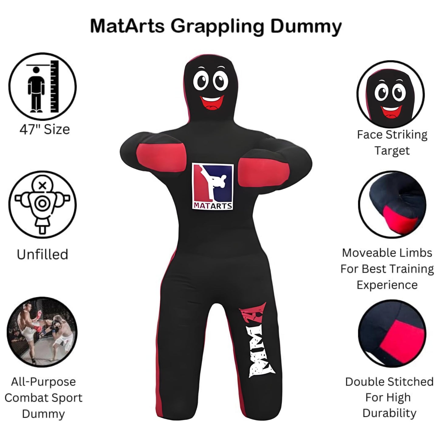 MatArts MMA Grappling Punching Dummy for Kids Combat Sports BJJ jiu Jitsu Judo Karate Taekwondo Wrestling Buddies Tackling and Boxing Dummies (47" / 4 Feet) - UNFILLED