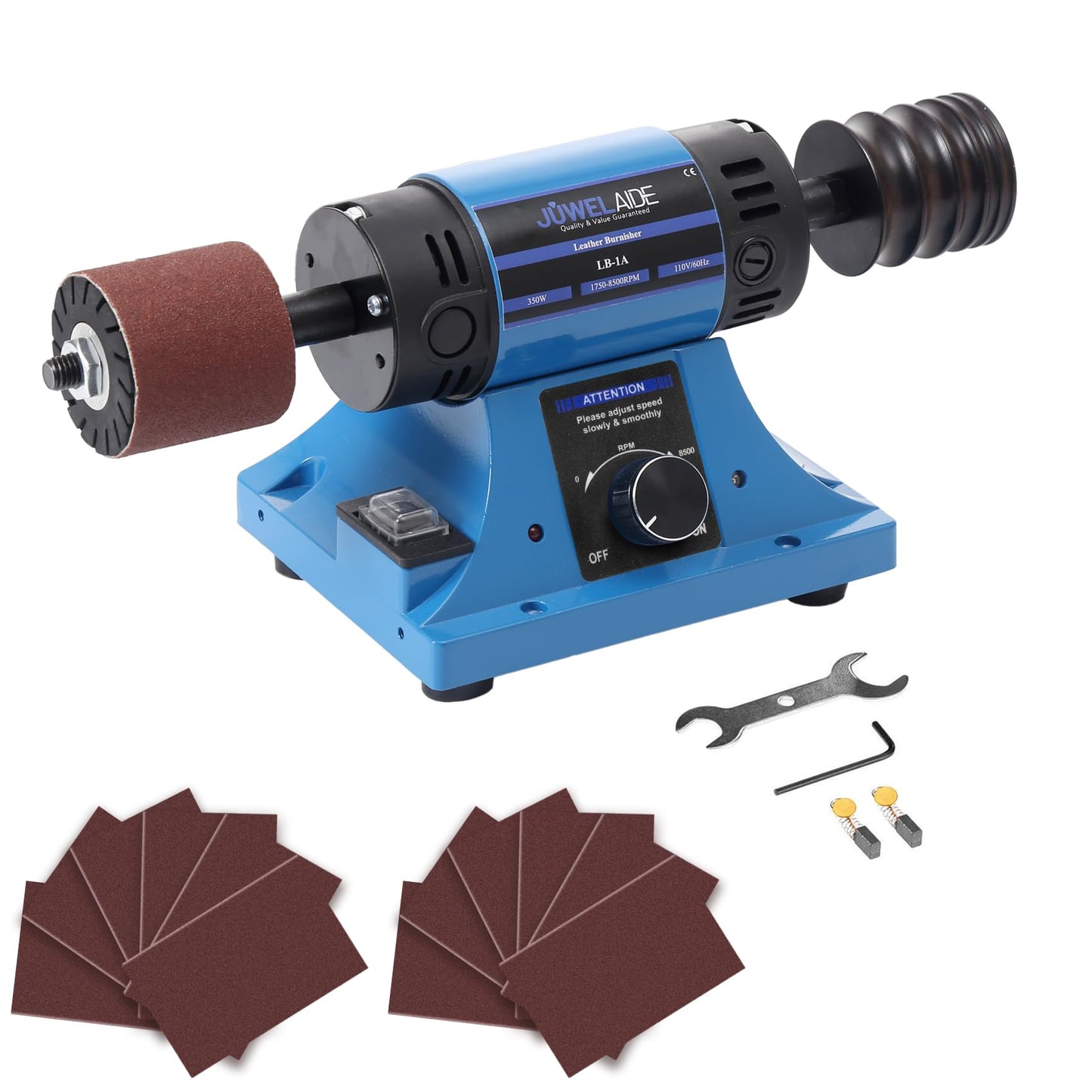 JUWELAIDE Leather Burnishing Machine | Variable Speed Leathercraft Bench Grinder, Polishing Tool, Sanding Machine, Rosewood Wheel for Leather Edge | Low Noise Motor, Standard 2x2 Inch Drum Sleeves