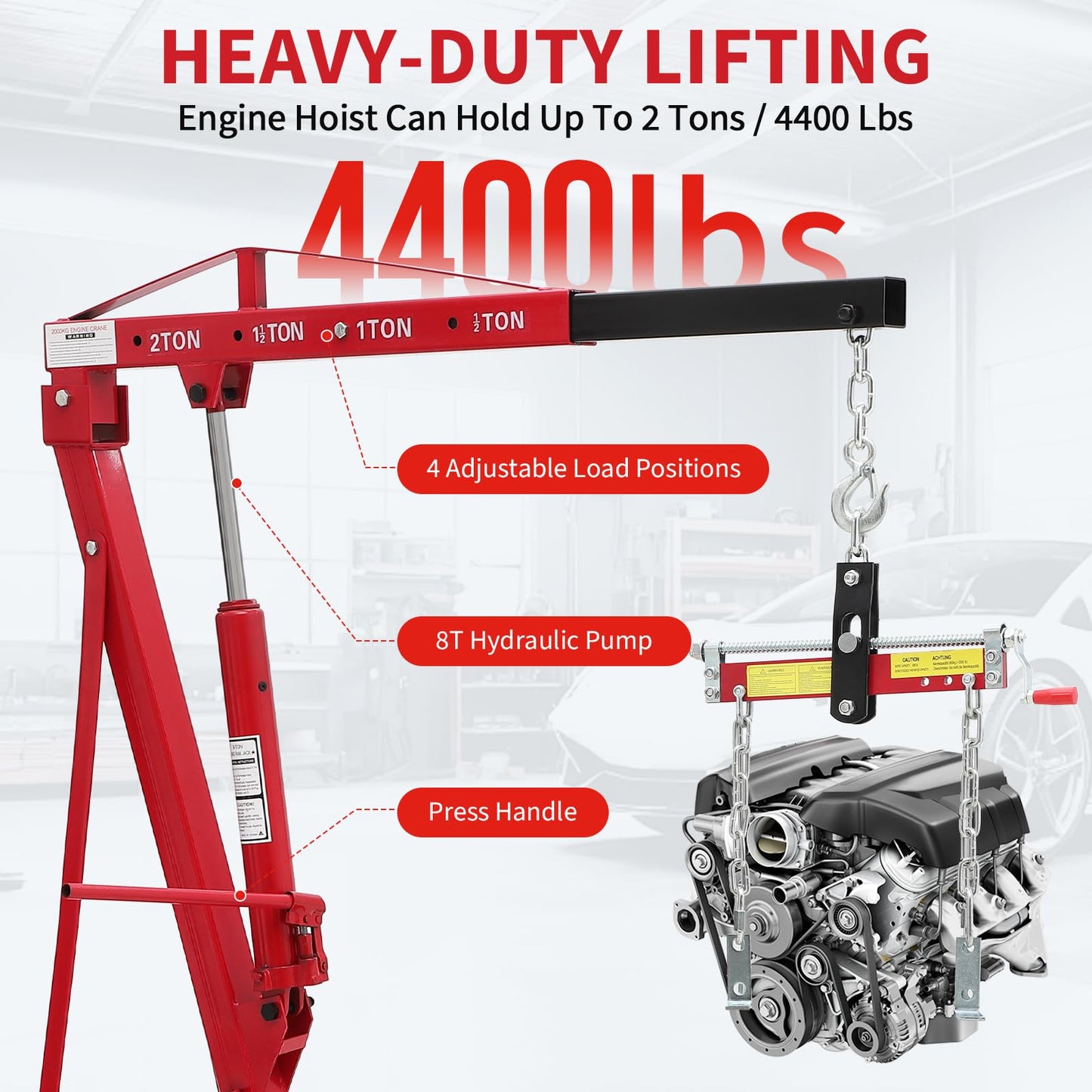 2 Ton Folding Hydraulic Engine Hoist with Load Leveler 4400 LBS Capacity Heavy Duty Cherry Picker 6 Swivel Wheels&Hydraulic Pump Adjustable Boom (0.5T-2T) for Garage Workshop Warehouse Orange