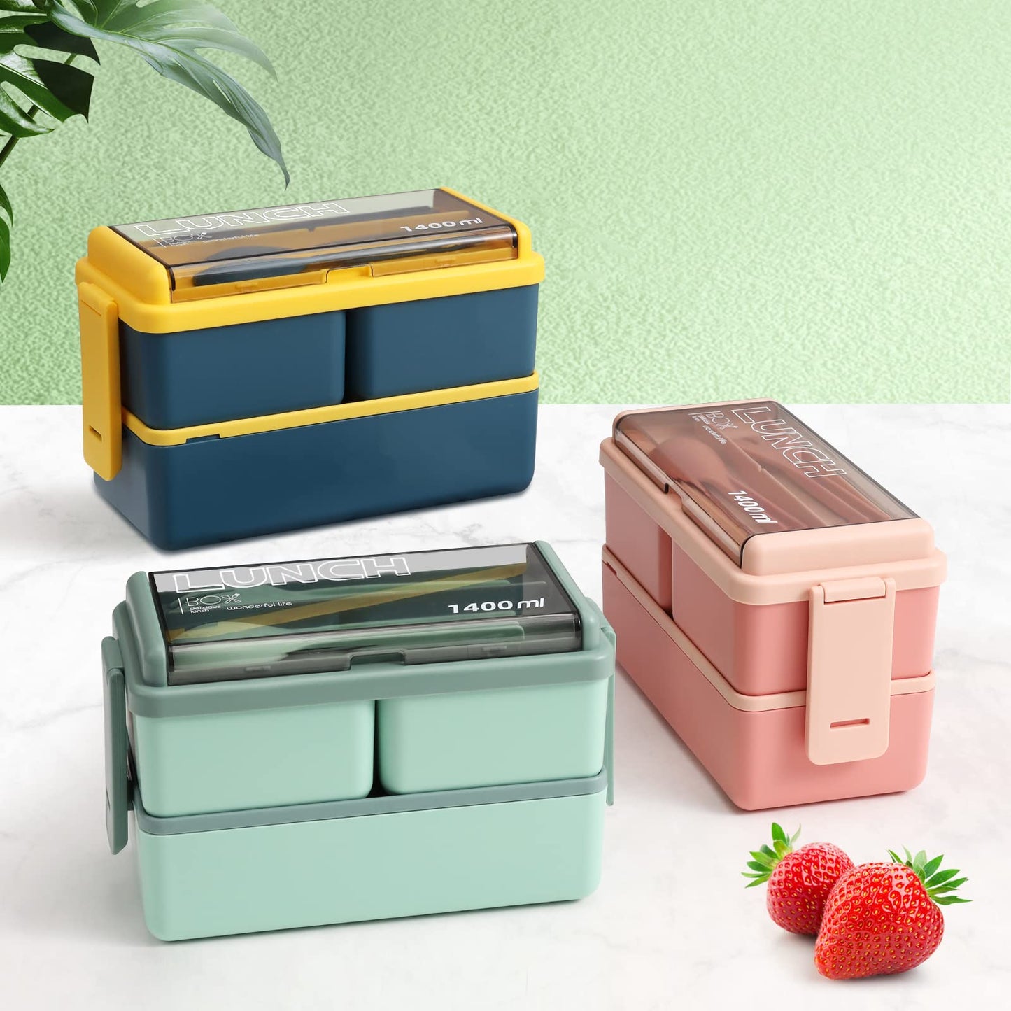 CHZZMS 2 Pack Bento Box Adult Lunch Box,49OZ Leakproof Eco-Friendly Stackable Bento Lunch Box Meal Prep for Dining Out, Work, Picnic, School (green+pink)