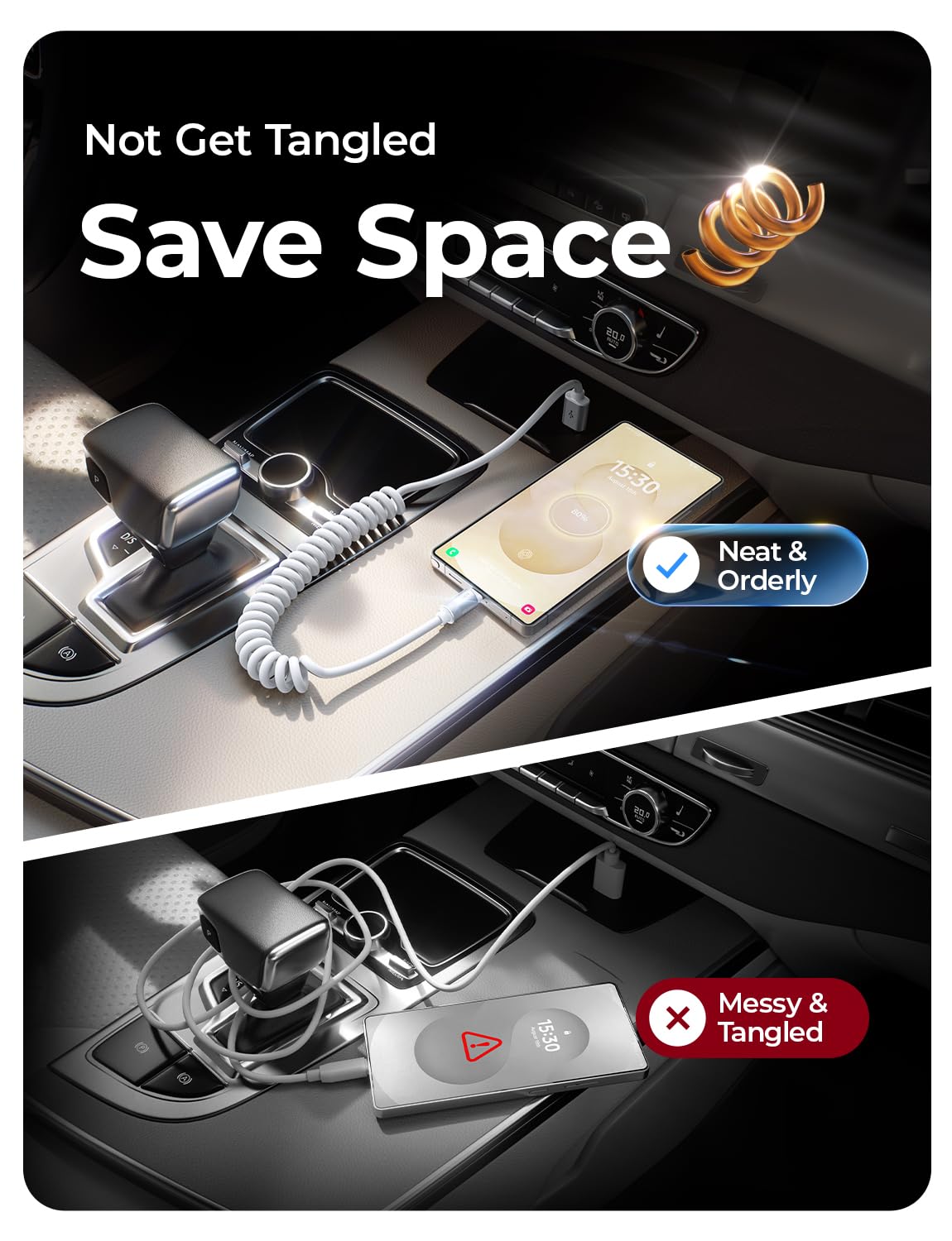 2 Pack 17/16/15, S25/S24/S23 A15/A14, 9/8, 4FT LISEN Coiled USB C Cable, for Android Auto & CarPlay Cable, Short USB A