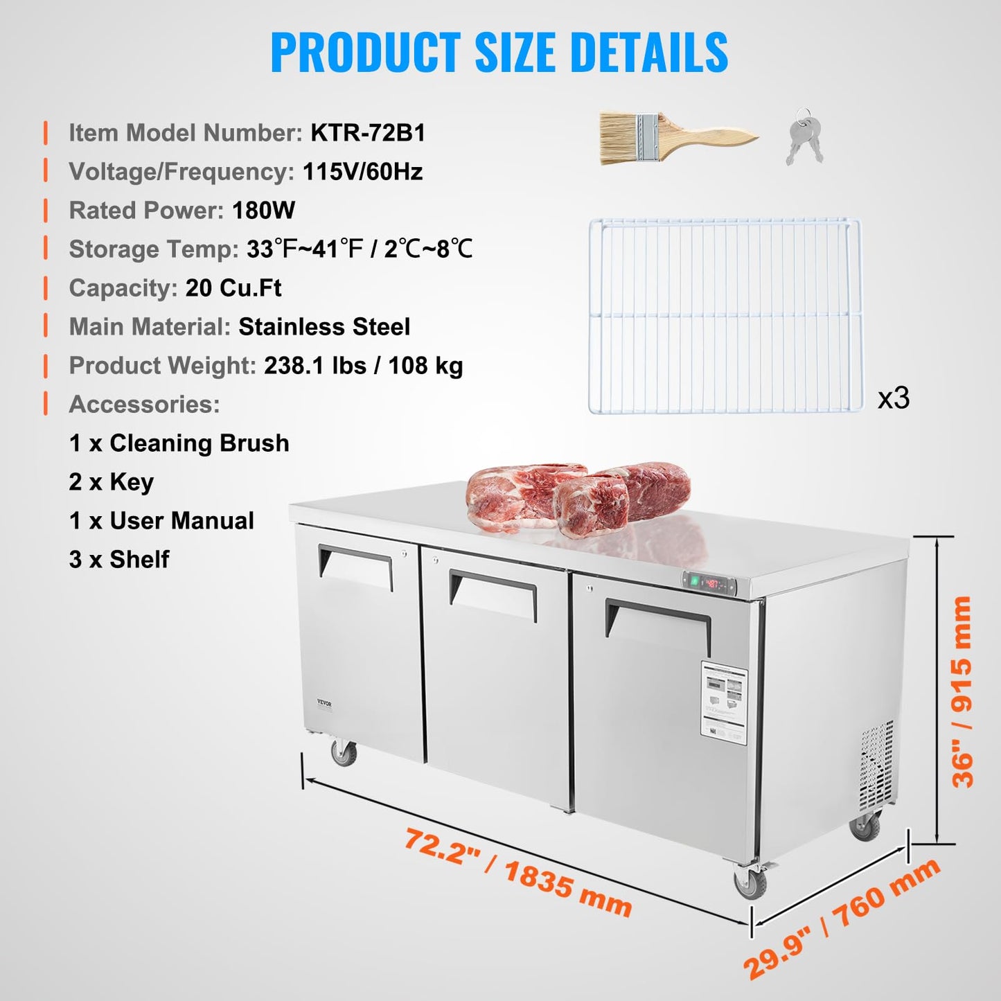 VEVOR 72" Commercial Refrigerator Sandwich & Salad Prep Table, 20 Cu. Ft Stainless Steel Refrigerated Food Prep Station with 3 Doors, Frost Free Refrigerator with Lock for Restaurant, Bar, Store