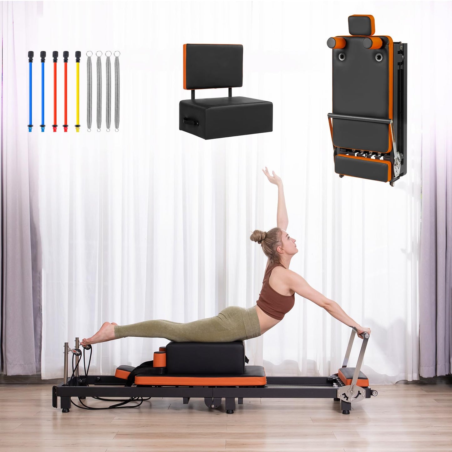 Pilates Reformer, Pilates Equipment for Home and Gym Workout, Foldable Pilates Reformer Machine (with Jump Board and Box), Suitable for Beginners and Advanced Users, up to 500 lbs