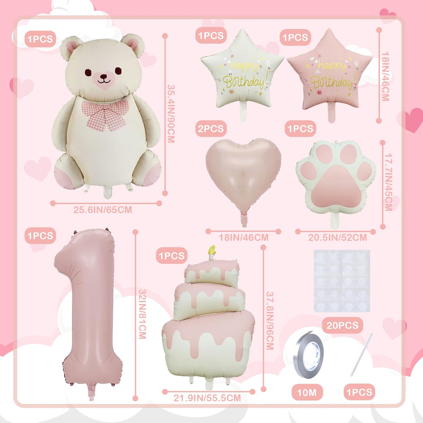 Panouo 8-Pack Matte Bear Party Balloons, Pink Foil Balloons, 1-Year-Old Girl Birthday Party Decorations, Bear Theme Party Decorations(1)