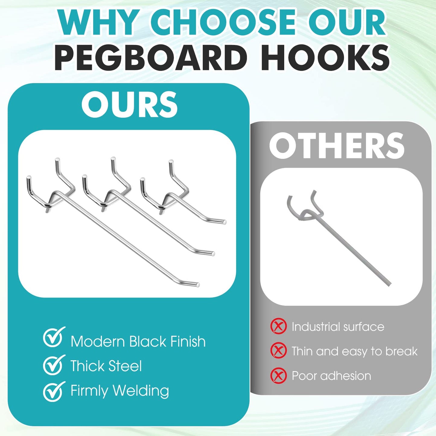 Hicarer 200 Pcs Stainless Steel Pegboard Hooks Multiple Sizes Fit 1/4" or 1/8" Pegboard Ideal for Garage Tool Organization, Wall Storage(2 Inch, 4 Inch, 6 Inch)