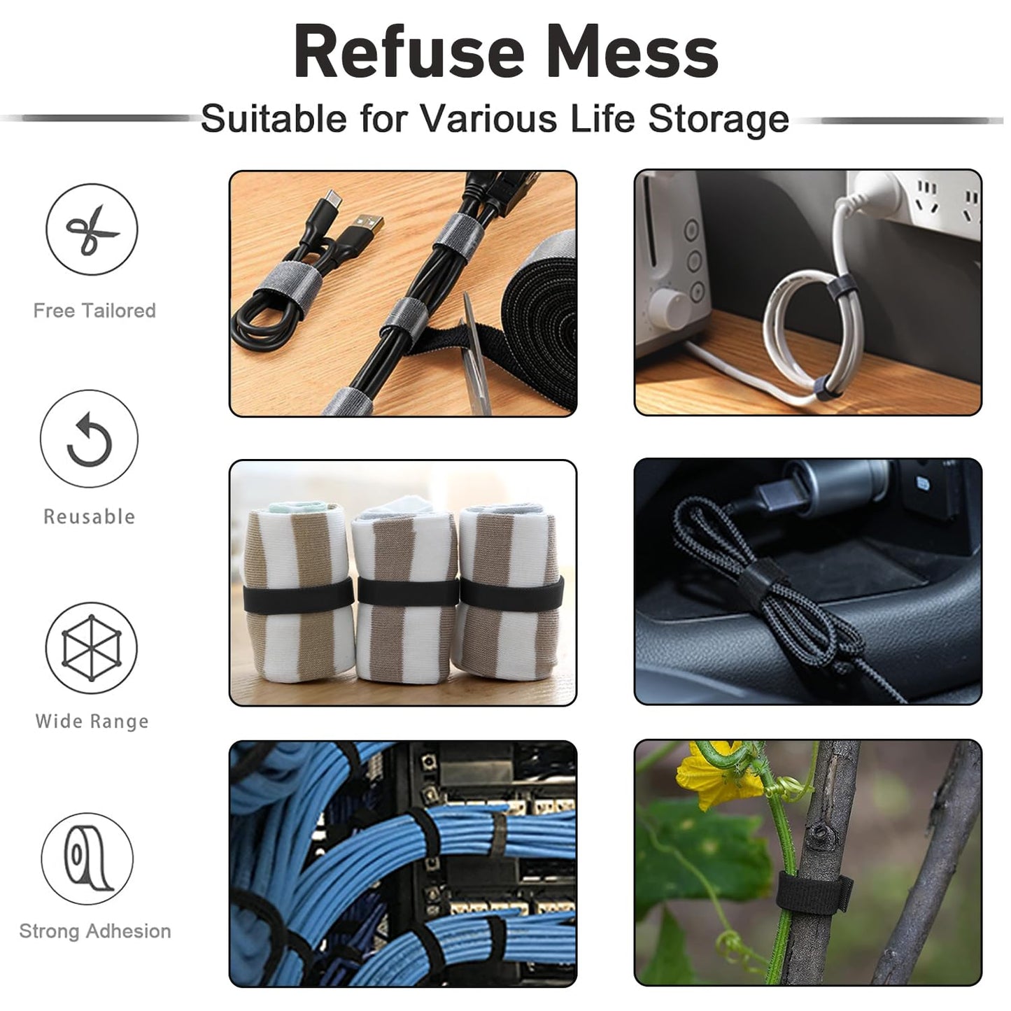 164ft x 1/2 inch Reusable Fastening Cable Ties, Hitotsu Hook and Loop Roll, Self-Gripping Bundling Strips for Cord Manage,Home, Office, Electrical Cords, Data Center, Host Room, Black, 2 Roll