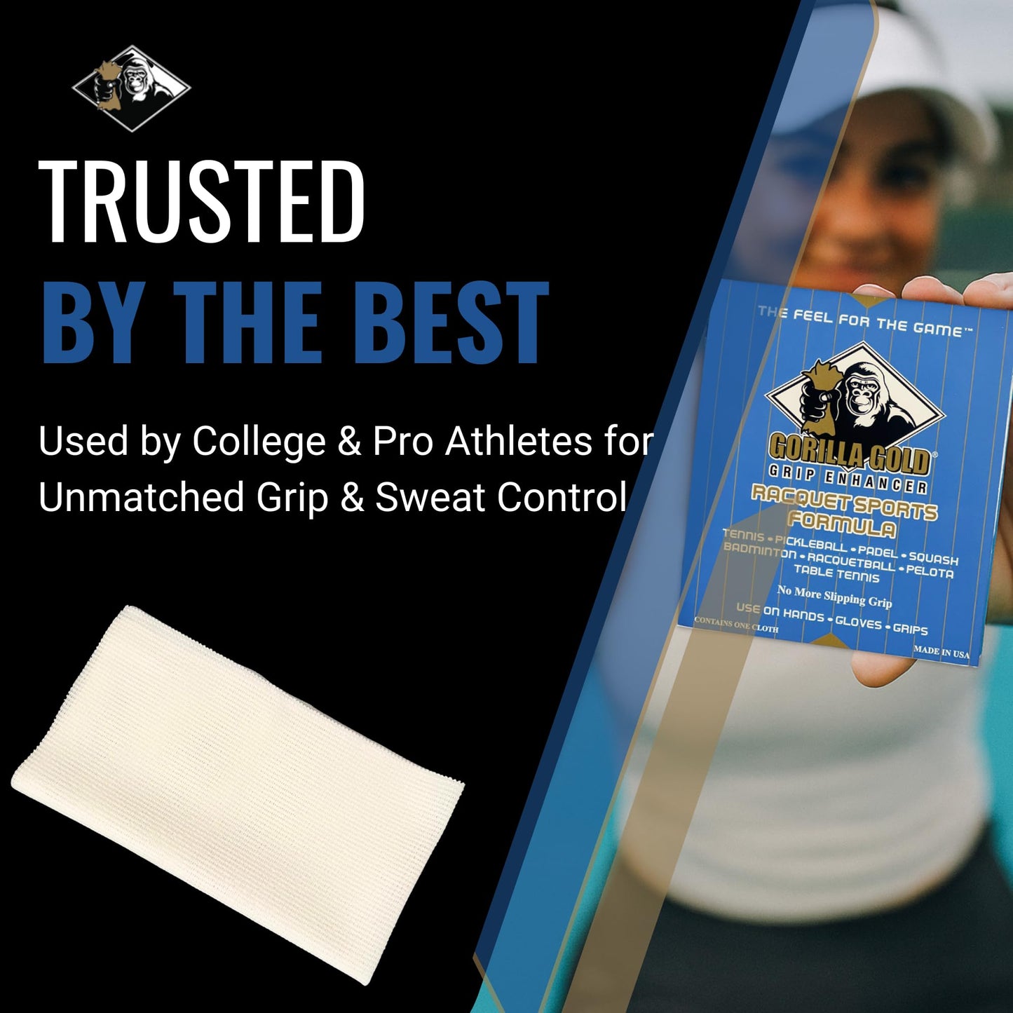 Gorilla Gold Grip Enhancer Tacky Towel - USA-Made Chalkless Competition-Approved Formula for Tennis, Golf, Softball and More - Versatile Multi-Sport Moisture Control for Sweaty Hands
