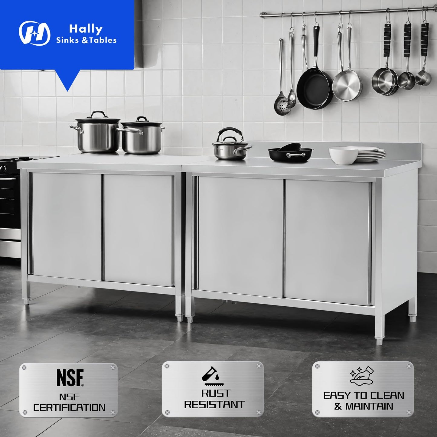 Hally Stainless Steel Cabinet, 24" x 60" NSF Commercial Heavy Duty Prep Workbench with Two Sliding Doors, Large Storage Cabinet, Metal Table for Kitchen, Restaurant, Garage