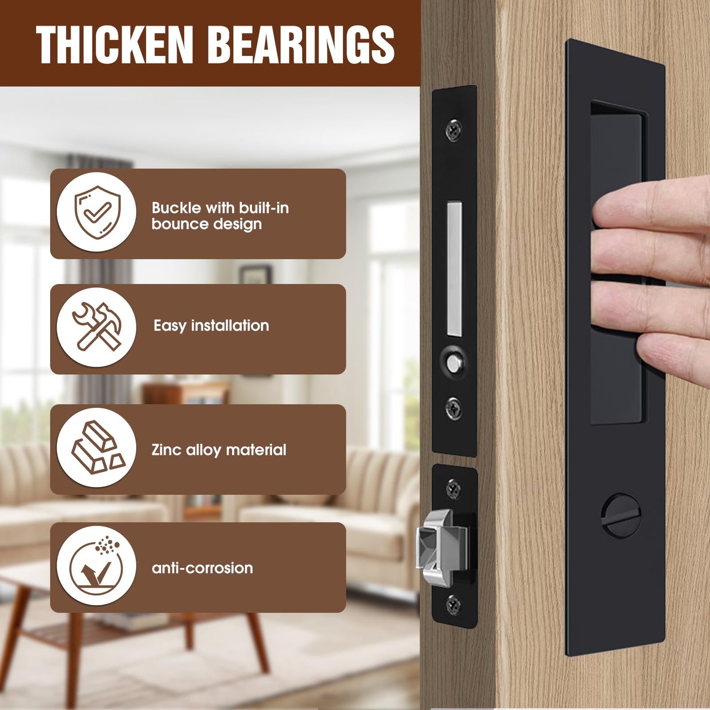 Lipshome Pocket Door Locks, Edge pulls, Hidden Handles, Pocket Door Hardware, Sliding Door Locks, Sliding Door Hardware (Black, 7.8"*1.5"-keyless)