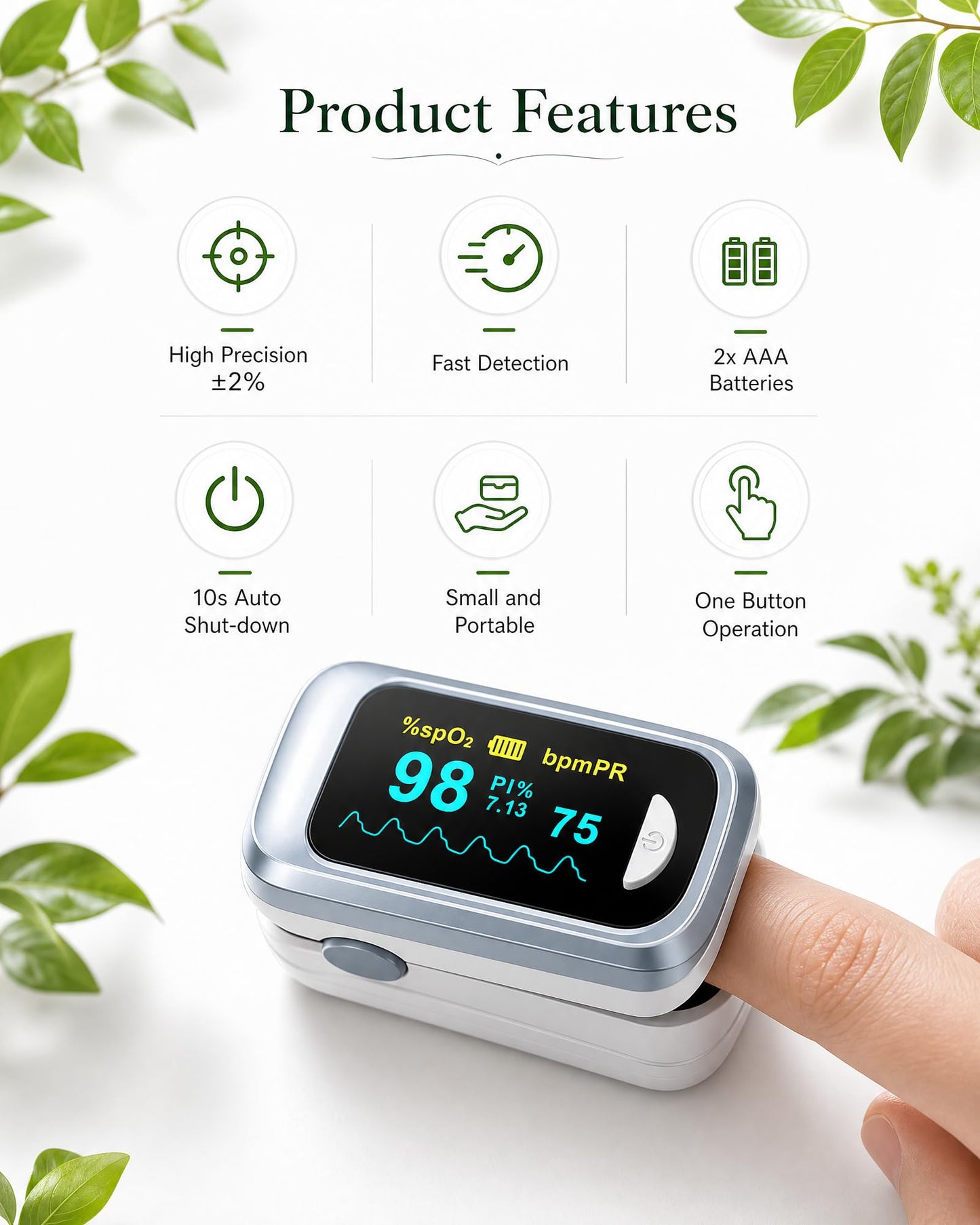 Healthtree JKS50B Pulse Oximeter Fingertip - Blood Oxygen monitor Fingertip with Perfusion Index, Fast 5-8s Reading, Large OLED Display, SpO2 & Heart Rate monitor for Home, Sports, Travel (Includes Batteries & Lanyard)