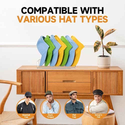 Clear Acrylic Baseball Cap Organizer Rack - Space-Saving 2-Pack Holds 14 Hats for Closet or Entryway
