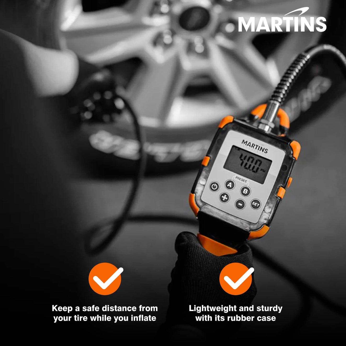 Martins Industries Flatematic Handheld Automatic Tire Inflator - up to 174 PSI, Inflate and Deflate automatically, Rechargeable - Loud signal and stop when set pressure is reach