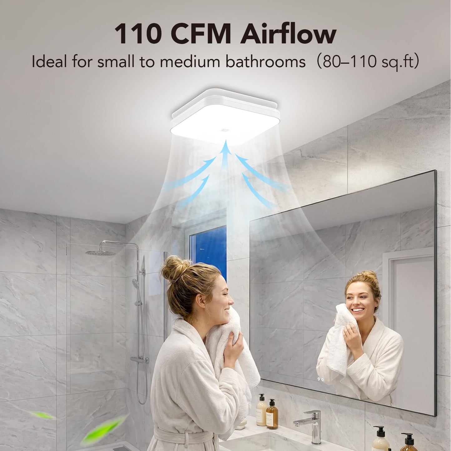 OREiN 2-in-1 Bathroom Exhaust Fan with Light, 110 CFM Shower Vent Fan, Quiet 1.5 Sones DC Motor, 1000LM Bright LED, 5000K, ENERGY STAR, HVI/FCC/ETL, Easy Retrofit Installation (Cut-Out 7.36" x 7.68")