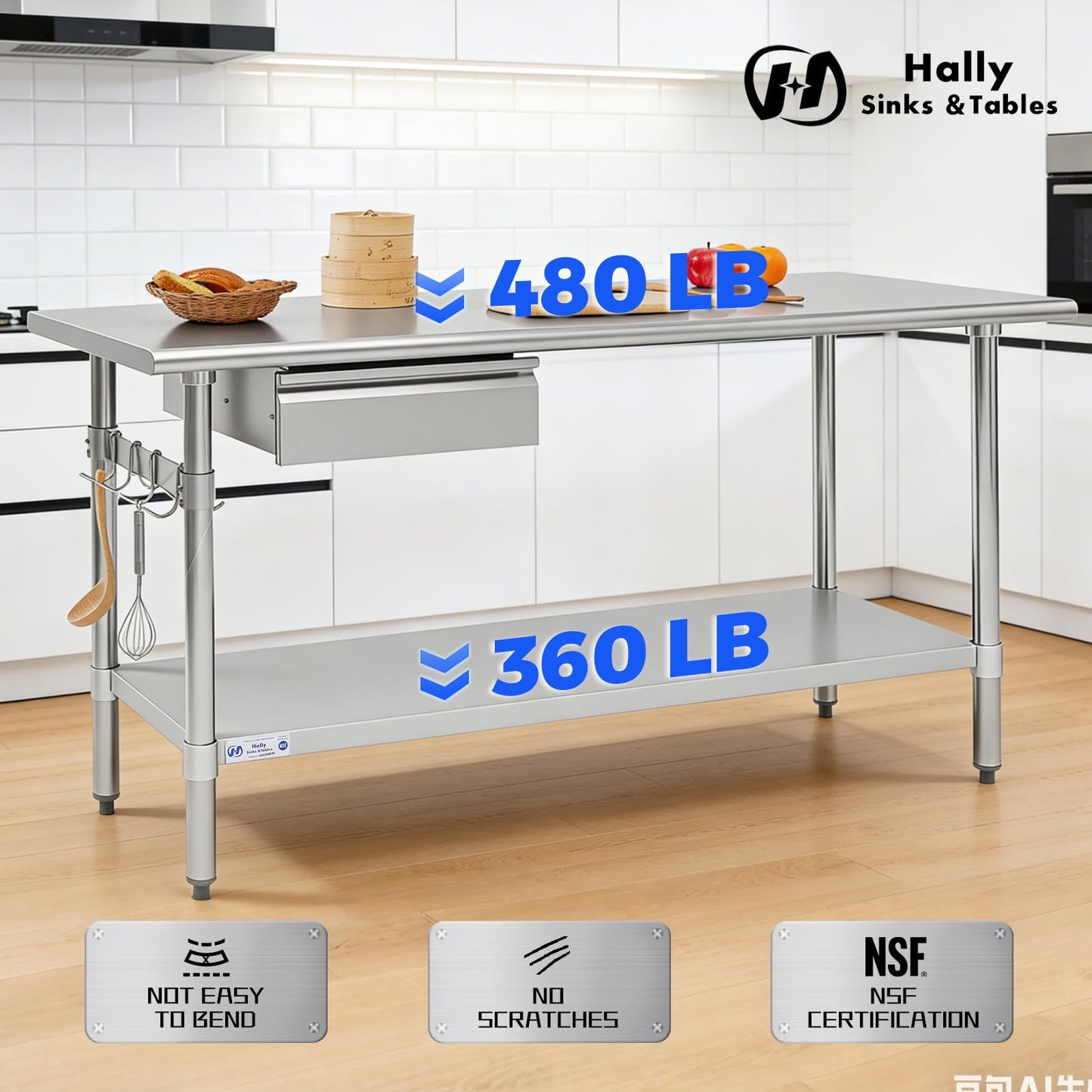 Hally 24 x 60 Inch Stainless Steel Prep Table, NSF Certified Commercial Kitchen Work Table with Drawer, Removable Stainless Steel Pan, Undershelf and Removable Hook for Restaurant Home Garage