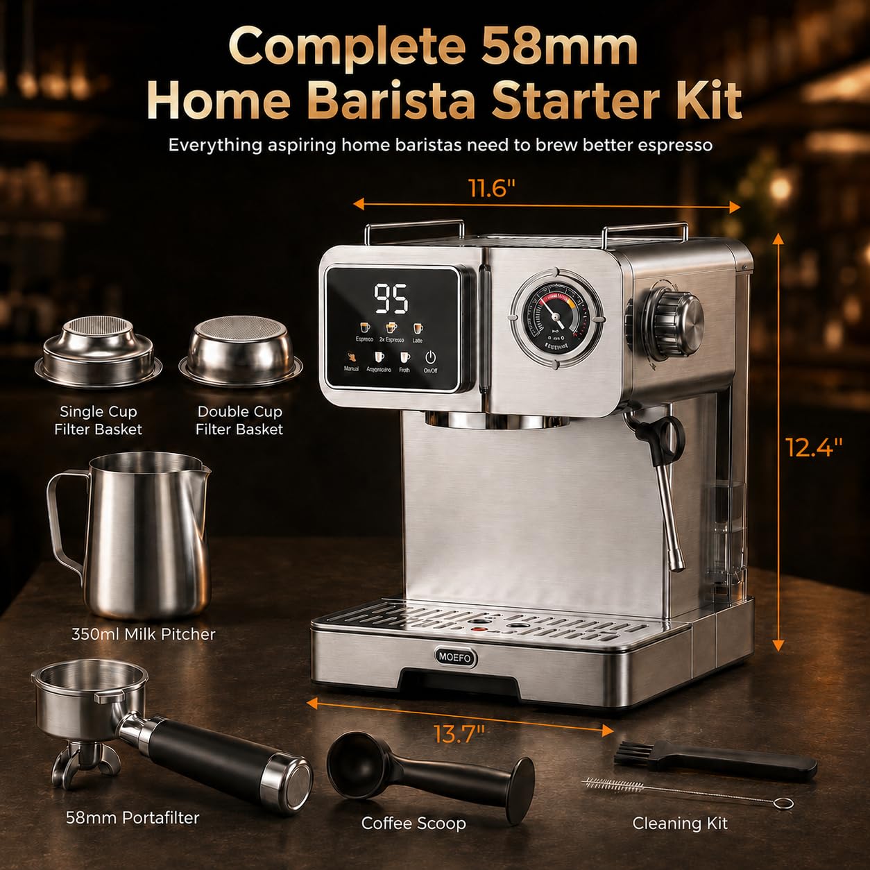 MOEFO 58mm Espresso Machine with Milk Frother, 20 Bar Semi-Automatic Coffee Maker, Visual Pressure Gauge & Touchscreen LCD Display, Professional Home Espresso Machine for Latte & Cappuccino, Silver