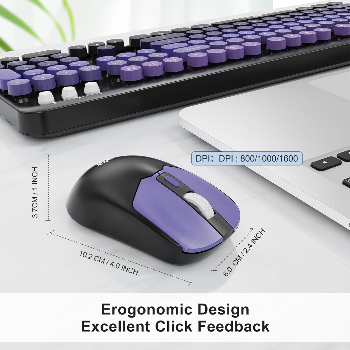 FOPETT 2.4G 104 Wireless Keyboard and Mouse Combo - Full-Sized Cute Colorful Mouse and Keyboard with Round Keys Retro