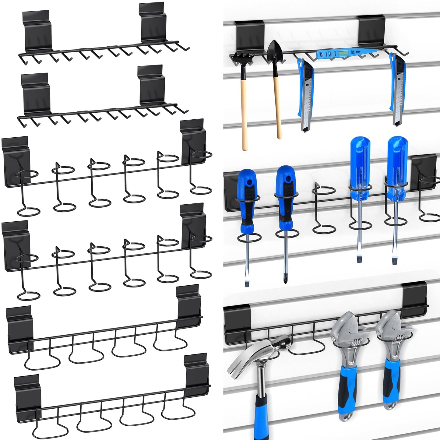BeapTcely 6 Pcs Slatwall Screwdriver Holders Slatwall Plier Holders Stainless Steel Slat Wall Tool Utility Hooks Accessories Shelving Display Multi-Ring Tool Organizer Racks for Shop Store (6, Black)