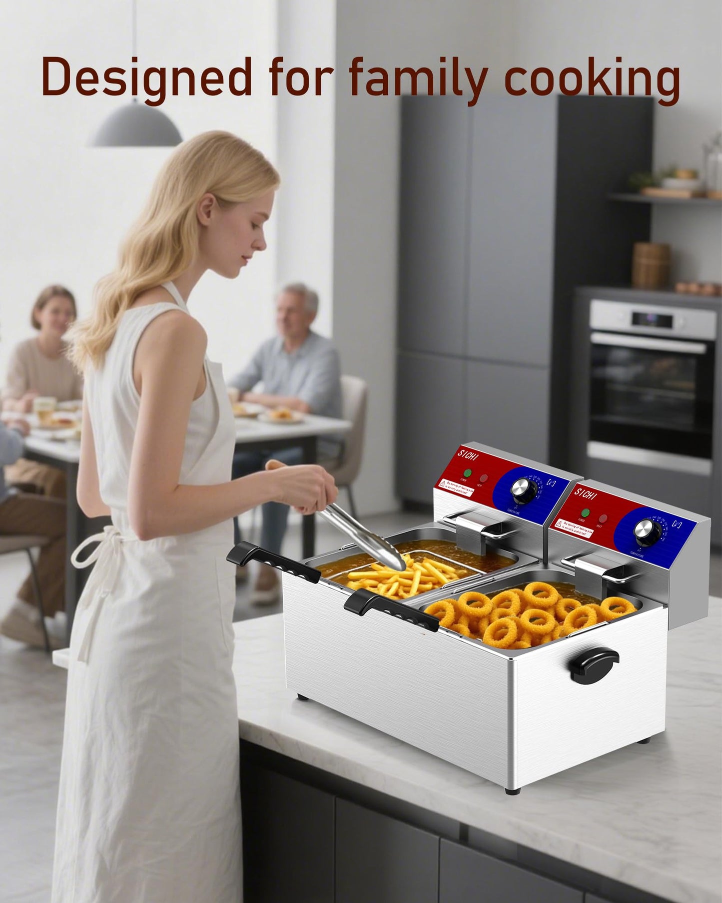 HTTSICHI Commercial Deep Fryer - 26 L Large Deep Fryer with 10 L Basket, Commercial Deep Fryer with Basket (2Pcs), Stainless Steel Countertop Deep Fryer w/Adjustable Temperature and Restaurant Use