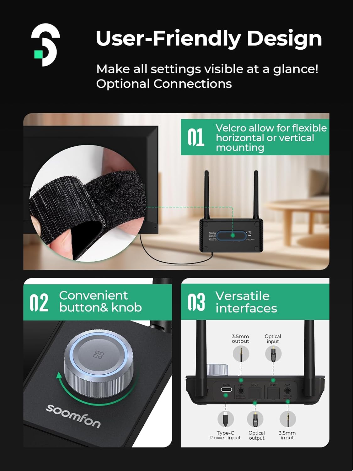 SOOMFON 5.3 3-in-1 2 Dual Antenna Bluetooth Transmitter for TV Bluetooth Receiver to Headphones with LCD Display Volume