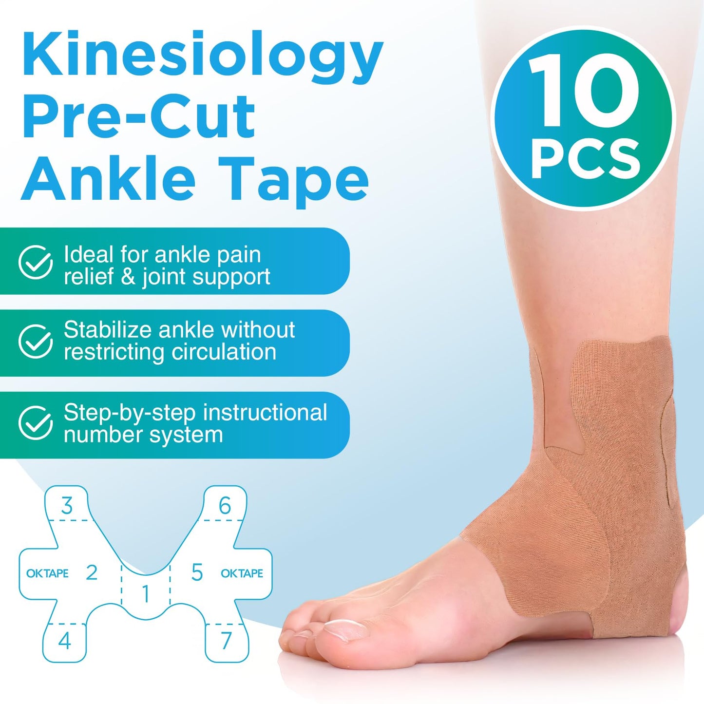 OK TAPE Precut Kinesiology Ankle Tape, 10 Pcs, Pain Relief, Prevent Ankle Sprain, Provide Support for Ankle Ligament, Elastic Athletic Tape, Breathable K Tape for daily use - Beige
