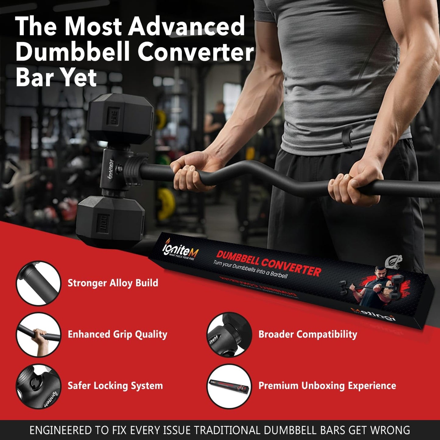 Dumbbell Barbell Converter Bar - Adjustable Dumbbell to Barbell Connector - Heavy Duty Steel Dumbbell Extension Bar with Secure Locking System - Non Slip Grip Handles - Home Gym Strength Training, 200 lb Capacity