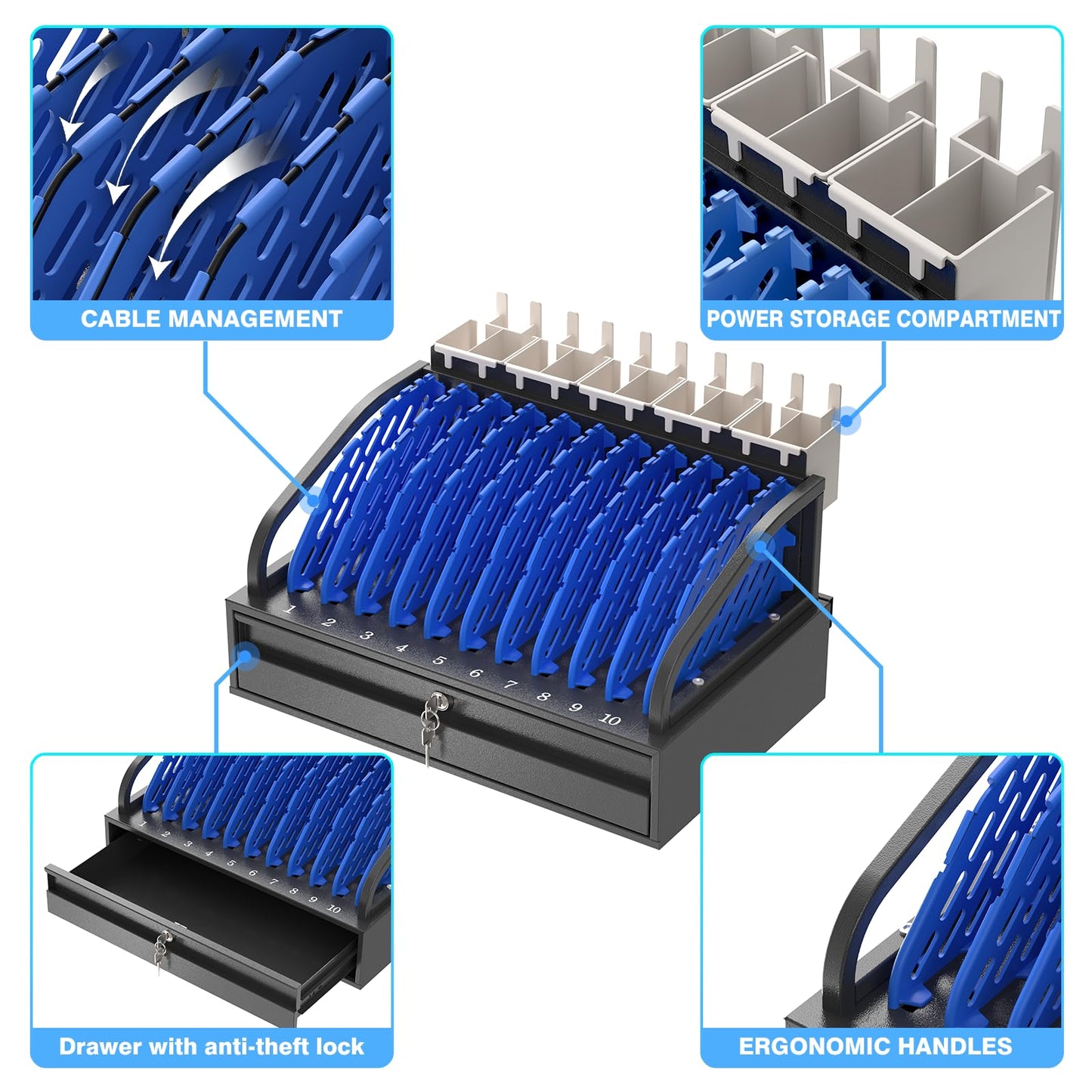 10-Device Open Charging Station for Chromebooks & Tablets - Heavy-Duty Steel Rack with Lockable Storage Drawer, Multi-Device Charging Organizer for School, Office, Hospital