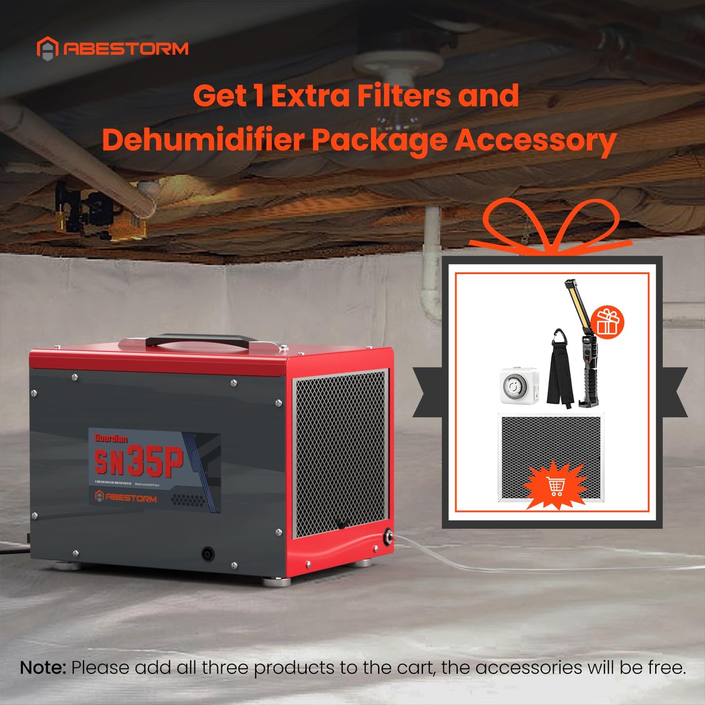 Abestorm Crawl Space Dehumidifiers with Pump and Hose, 70 PPD Compact Portable Commercial Dehumidifier Up to 1,000 sq. ft. Auto Defrost, Memory Starting Crawlspace dehumidifiers