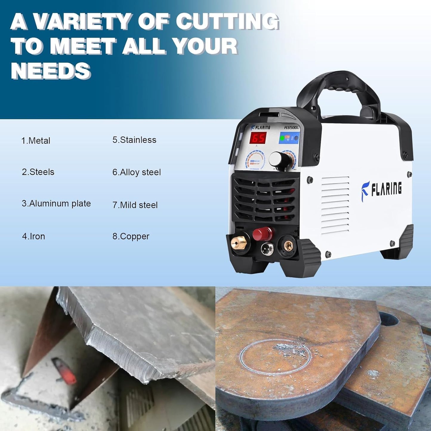 FLARING FC650DL Plasma Cutter 65 AMP Non Touch Pilot Arc Plasma Cutter Machine 120/240V Dual Voltage, High Frequency IGBT Inverter, 1/2"(12.7mm) Clean Cut 5/8"(16mm) Severance Cut with Consumable Set