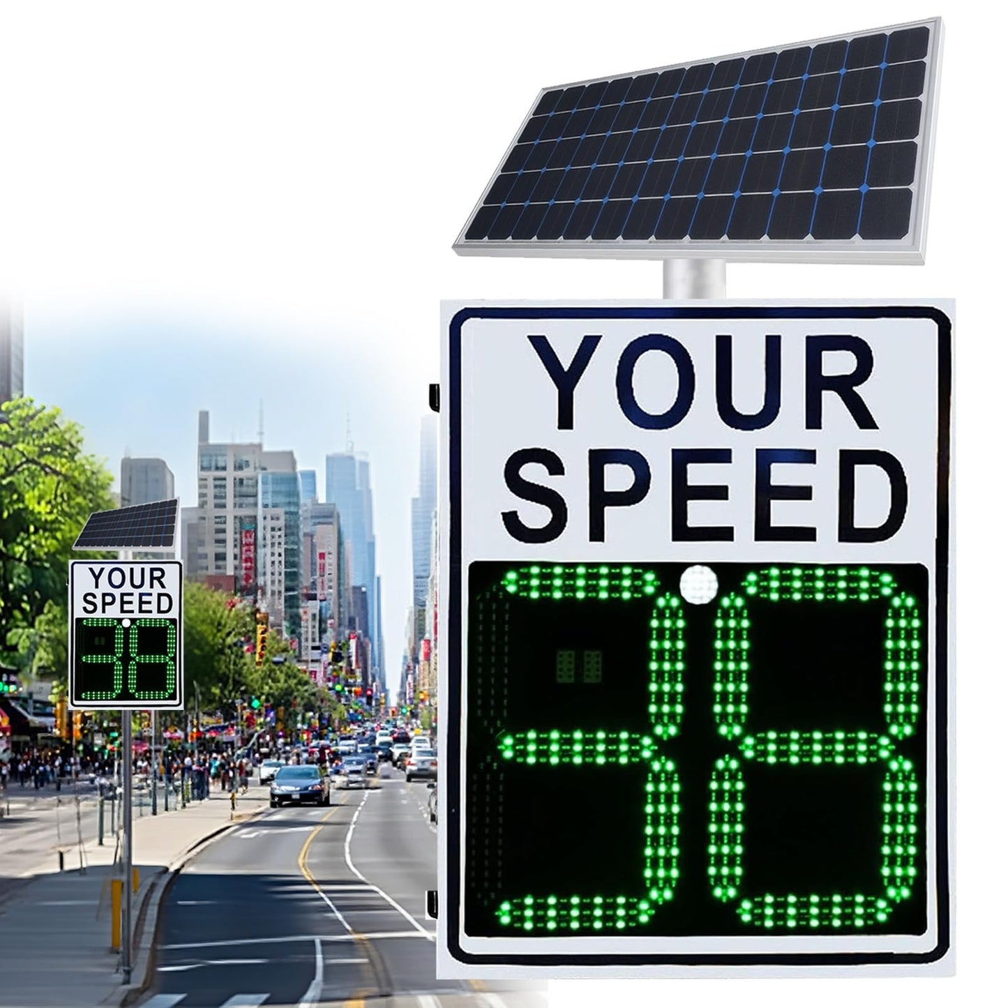 Speed Display Radar Traffic Sign, 20"x27"/24"x35" Solar Radar Speed Warning Sign, Remote Control Adjustable Speed Limit with Full Accessories(24inx35in)