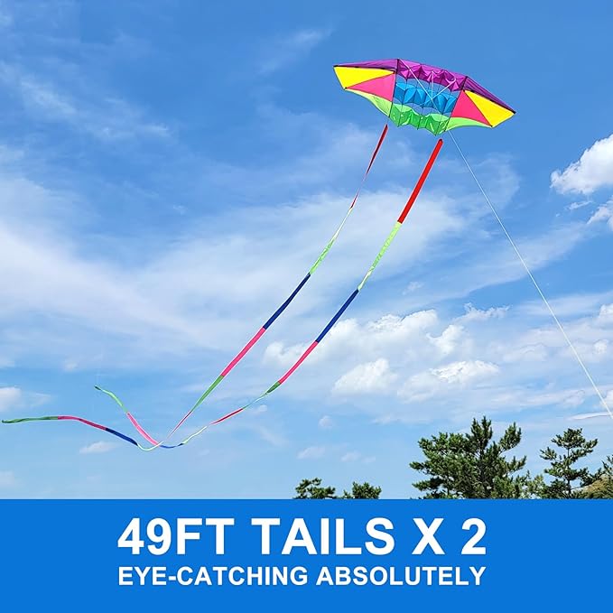 Beach Kites for Adults Large with Long Tail, 98 inches Super Easy Flyer 3D Rainbow Box Kites, Comes with Two 49 Feet Multi Colors Tails, 300 ft Kite String & Handle