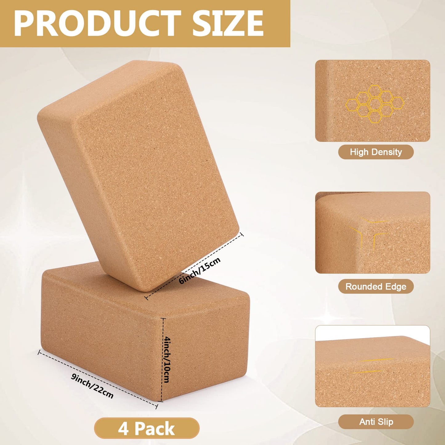 Leitee 4 Pcs Cork Yoga Blocks 9 x 6 x 4 Inch Cork Yoga Brick Non Slip Supportive Equipment High Density Bricks Wood Exercise Blocks Women Gifts for Stretching Flexibility Balance Fitness Pilates