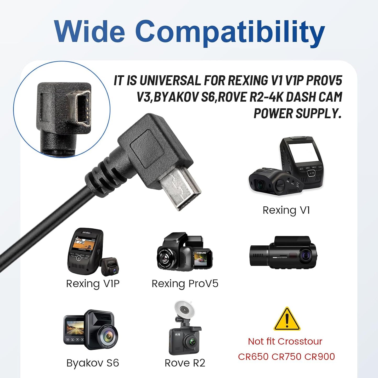 Anina 90 V1/V1P, S6, R2-4K, 10FT Mini USB Dash Cam Power Cord Degree Right Angle Dash Camera Charging Cord Mini-B Car