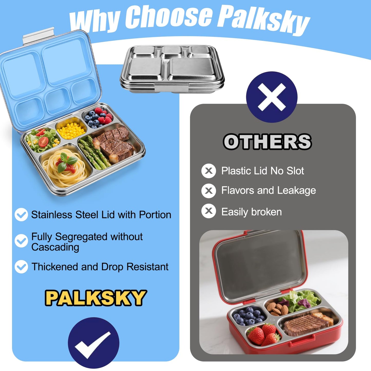 Palksky Lunch Bento Box Stainless Steel, Metal Bento Boxes for Kids Leak-Proof, 5 Compartments Lunchable Food Storage Containers with Lid for School, Office, Travel - Blue