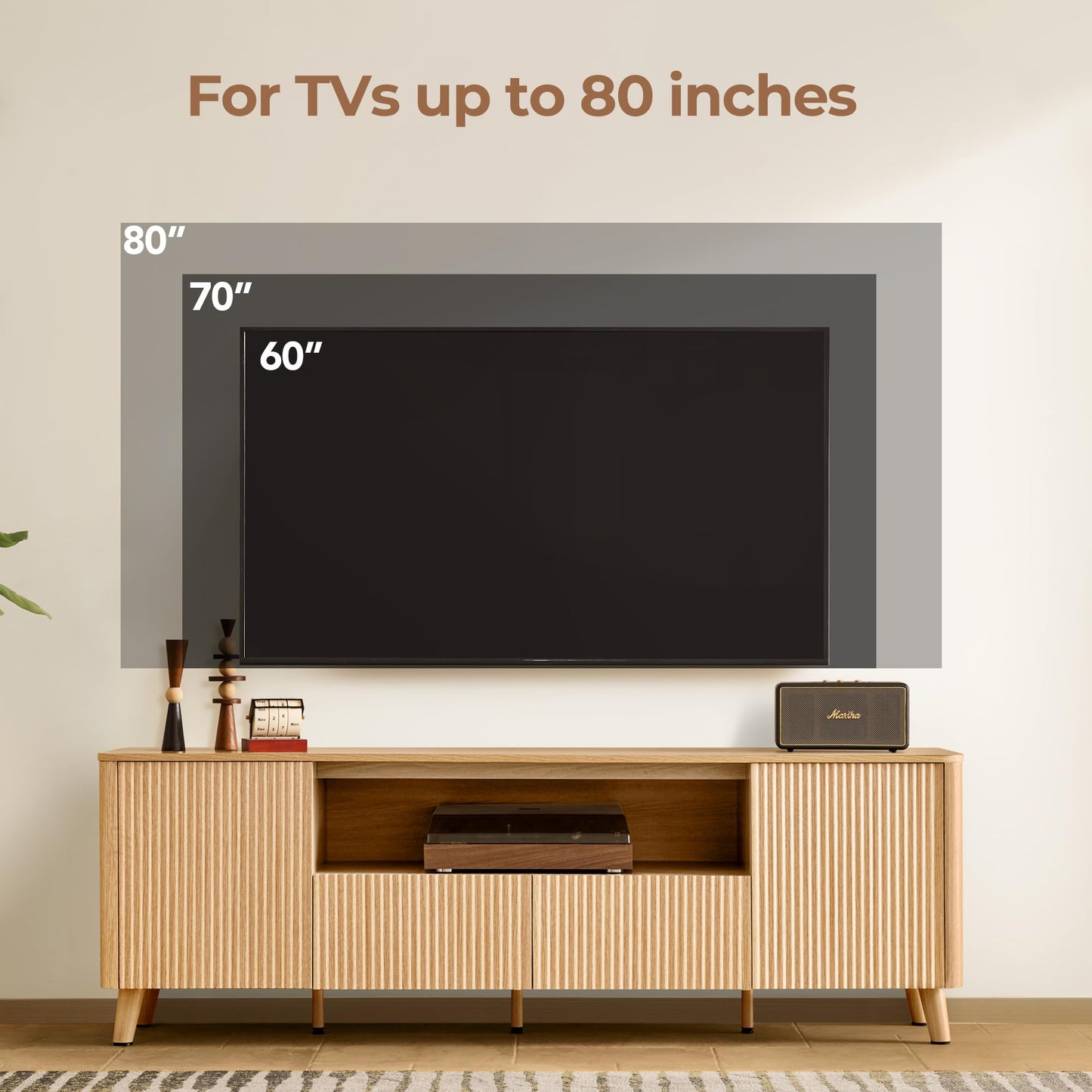 CHITA TV Stands for Living Room, Mid Century Modern TV Stand for 80 inch TV with Storage, Drawers, Adjustable Shelves, Oak