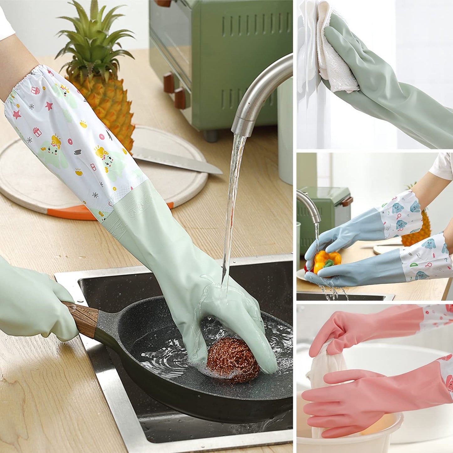 XIACIBDUS 3pcs Dishwashing Cleaning Gloves, Waterproof Reusable Kitchen Long Gloves, Latex-Free Household Gloves for Laundry, Cleaning, Working, Gardening
