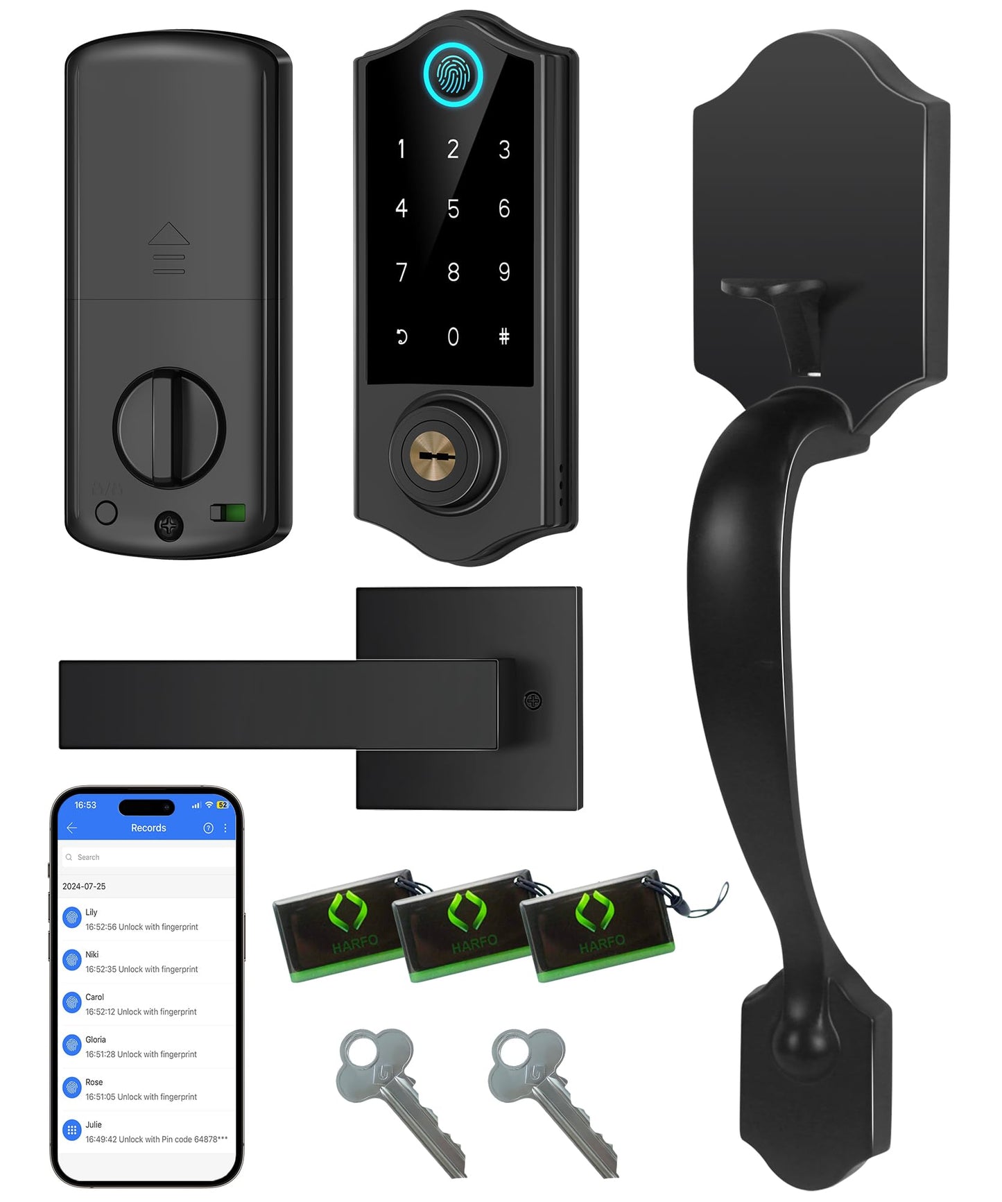 Harfo Fingerprint Smart Door Lock for Front Door with Handle Set, App Control, Keyless Entry Keyless Deadbolt, Digital Electronic Touchscreen Keypad, Auto Lock, Easy to Install, Black