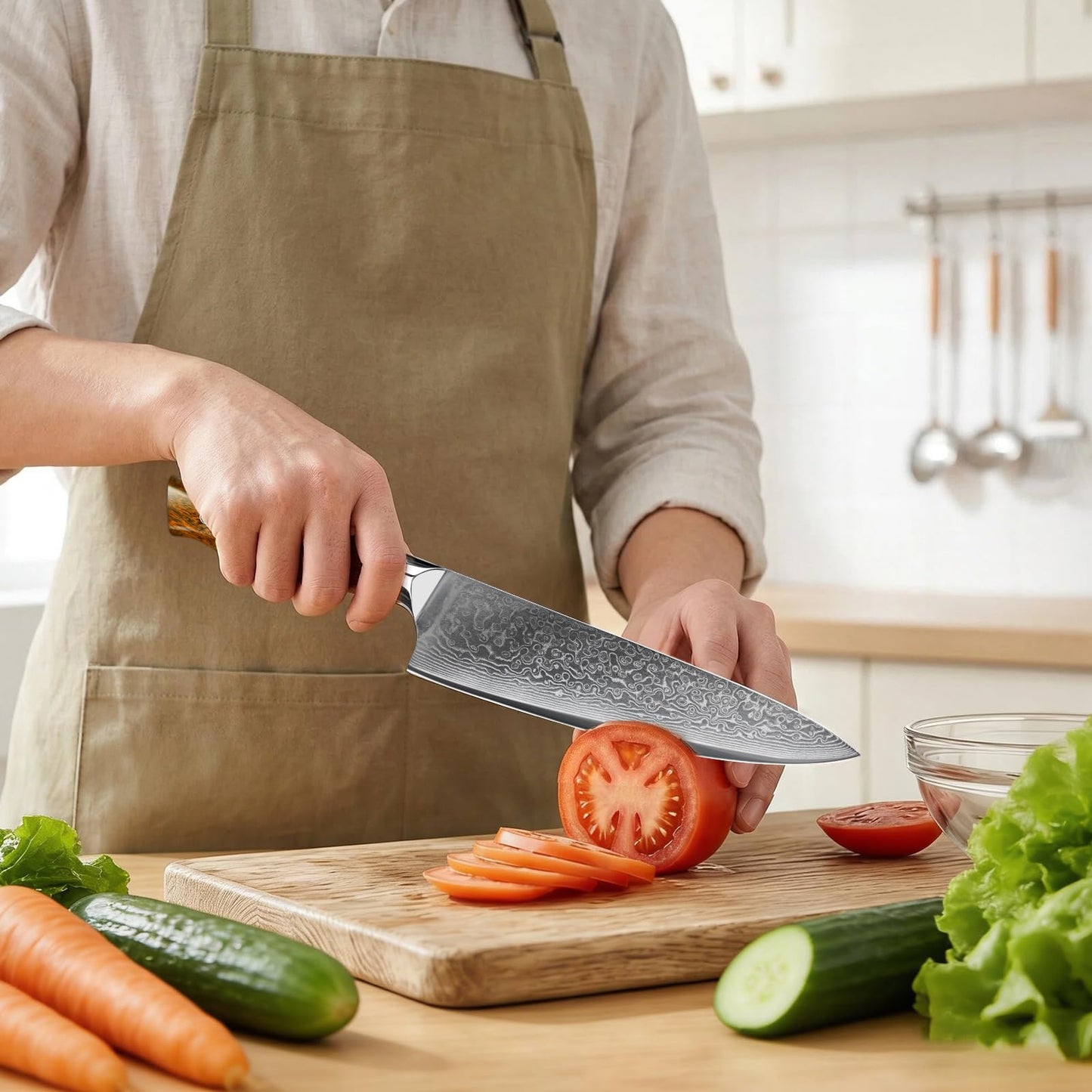 Newise Chef Knife, 8 Inch Japanese Kitchen Knives with Damascus Steel Core, Sharp Gyuto Knife with Wood Handle, Cooking Knives for Women Men