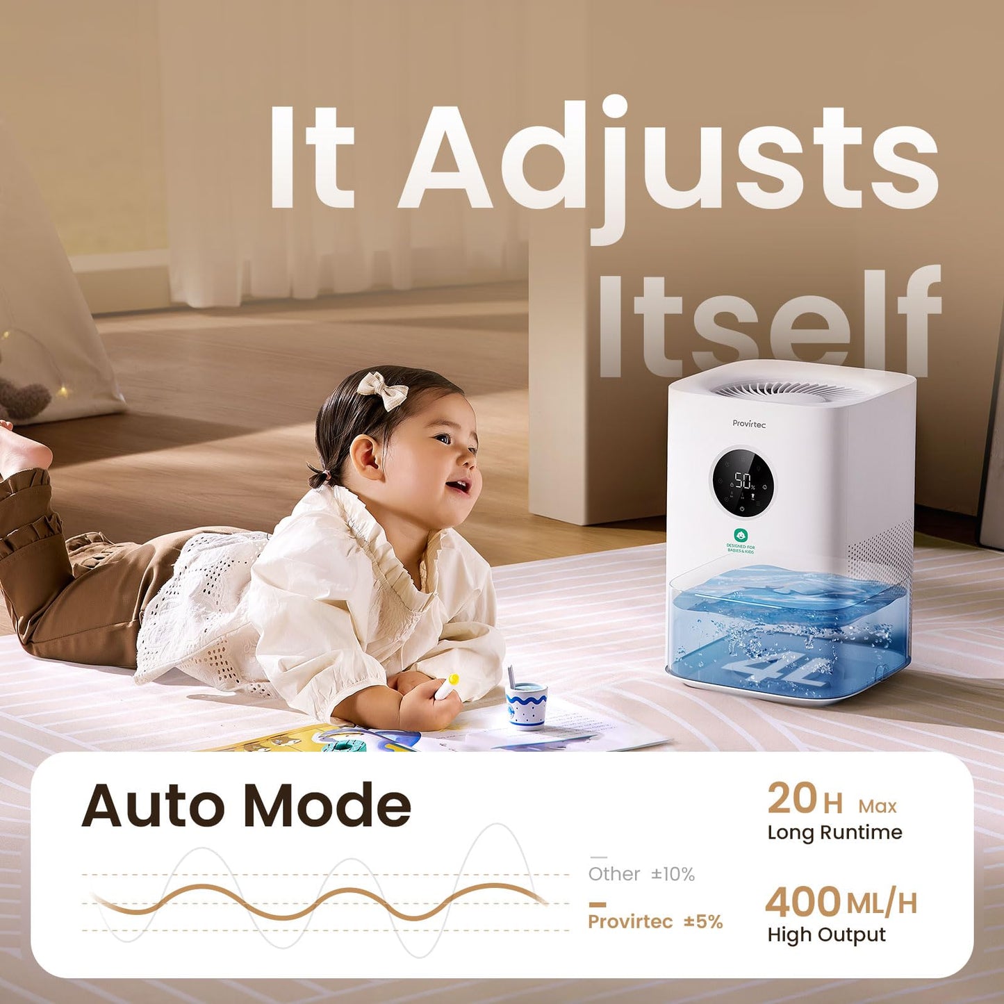Provirtec Pro Baby Evaporative Humidifier for Bedroom, MistFree & No White Dust, BPA-Free and 16dB Quiet Sleep for kids, 3 Age-Modes, Auto Control, Tap Water Safe, 4L Easy Clean Tank for Nursery
