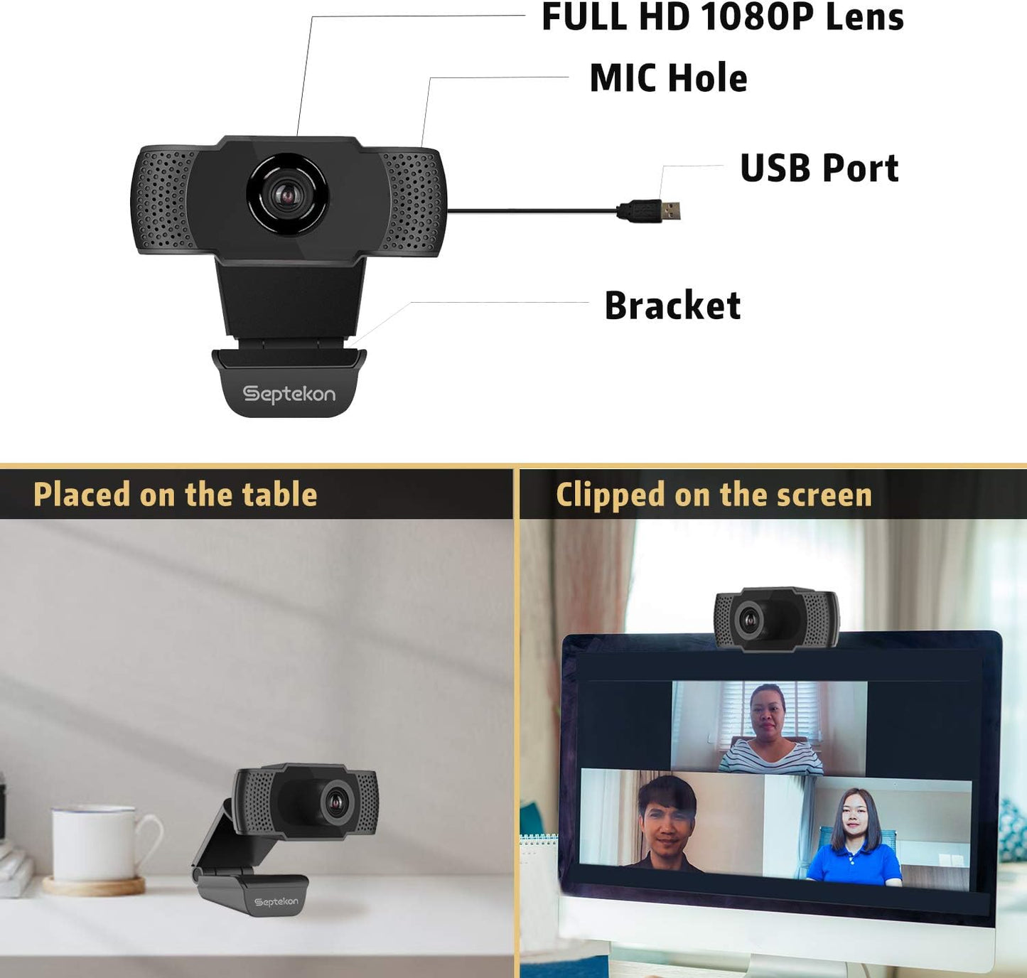 Septekon 1080P HD Webcam with Microphone, Streaming Computer Web Camera for Laptop/Desktop/Mac/TV, USB PC Cam for Video