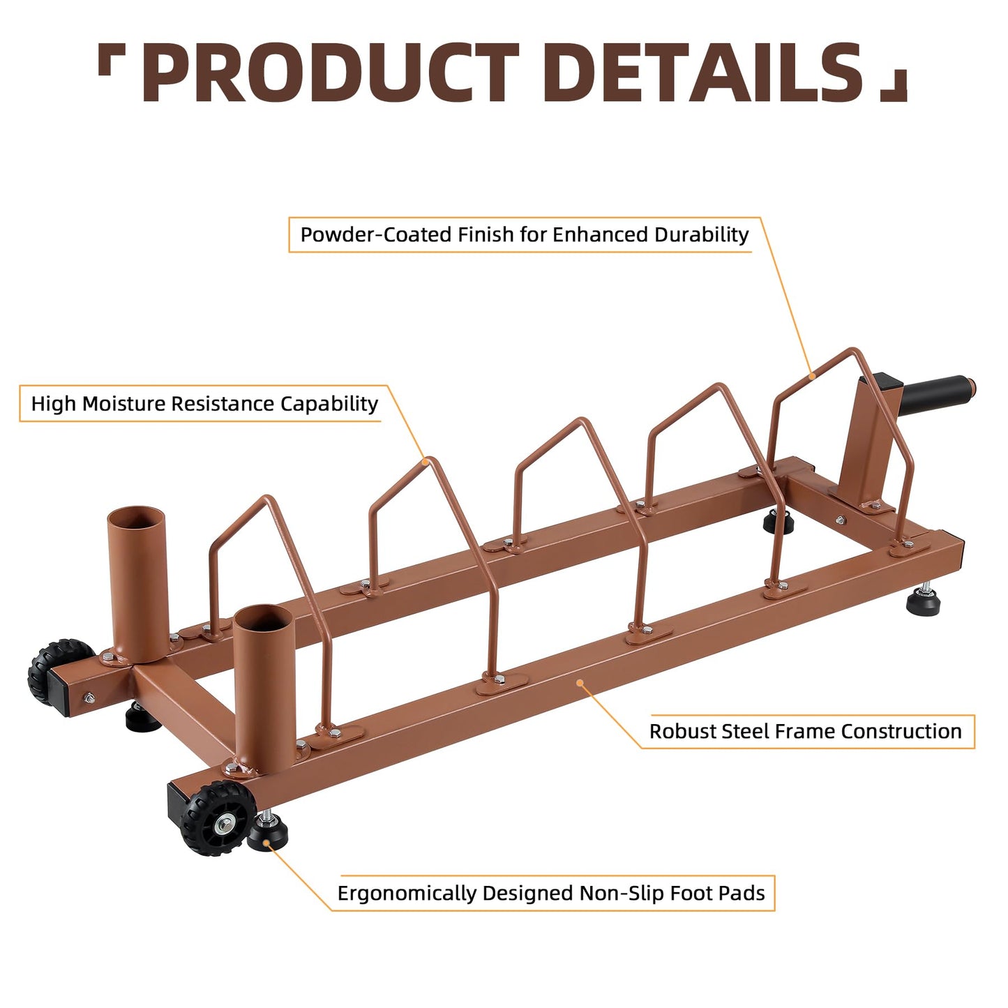 Olympic Barbell Plate Organizer with Steel Frame for home or gym,Horizontal Plate with Handle and Wheels, 300LBS Capacity, Brown