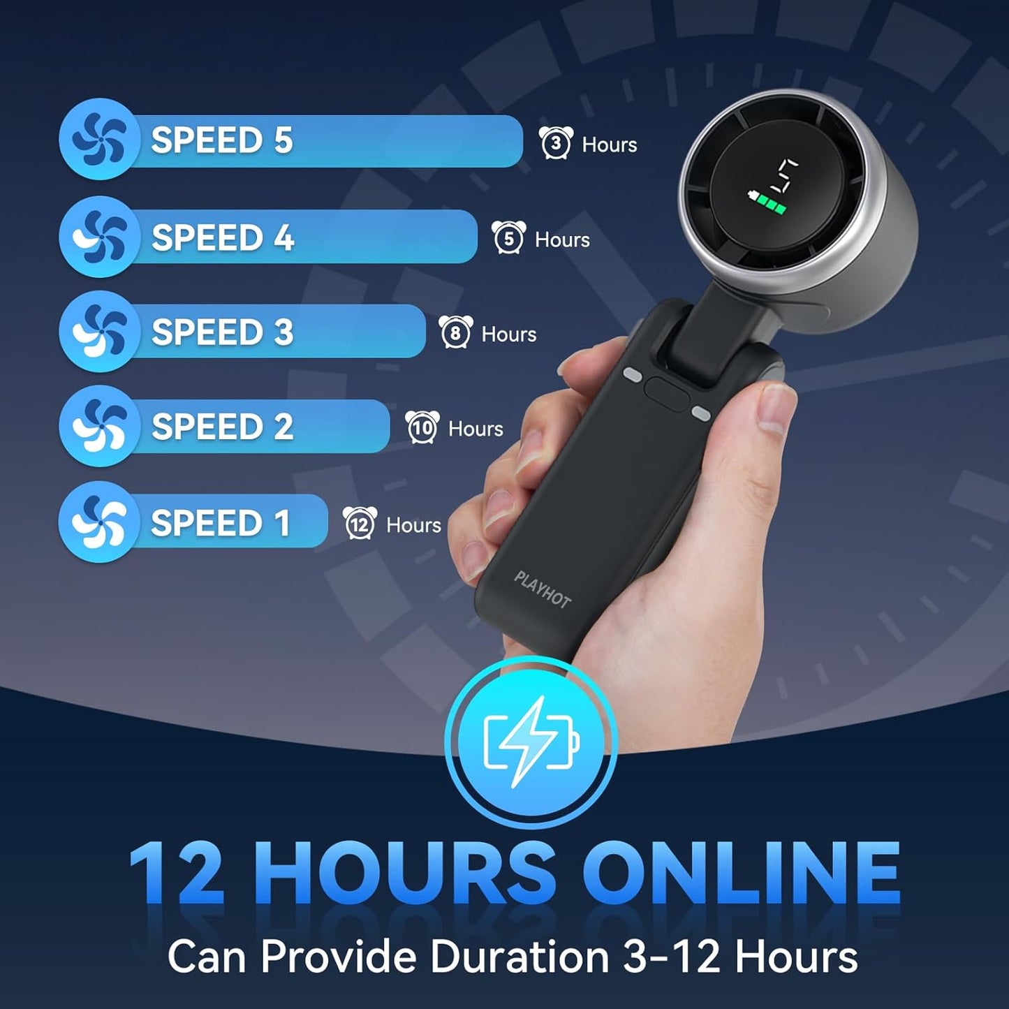 PlayHot Portable Handheld Turbo Fan - Compact Design with USB-C Cable | Sleek Black Finish