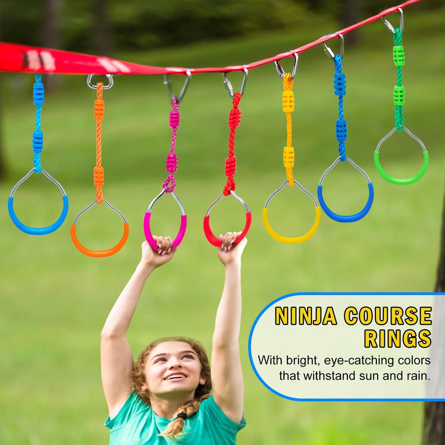 VECKYJL Ninja Warrior Obstacle Course Attachments - 7 Monkey Rings, 2 Monkey Bars, 2 Ninja Wheel, Backyard Obstacle Course Set Accessories for Backyard Outdoor Training