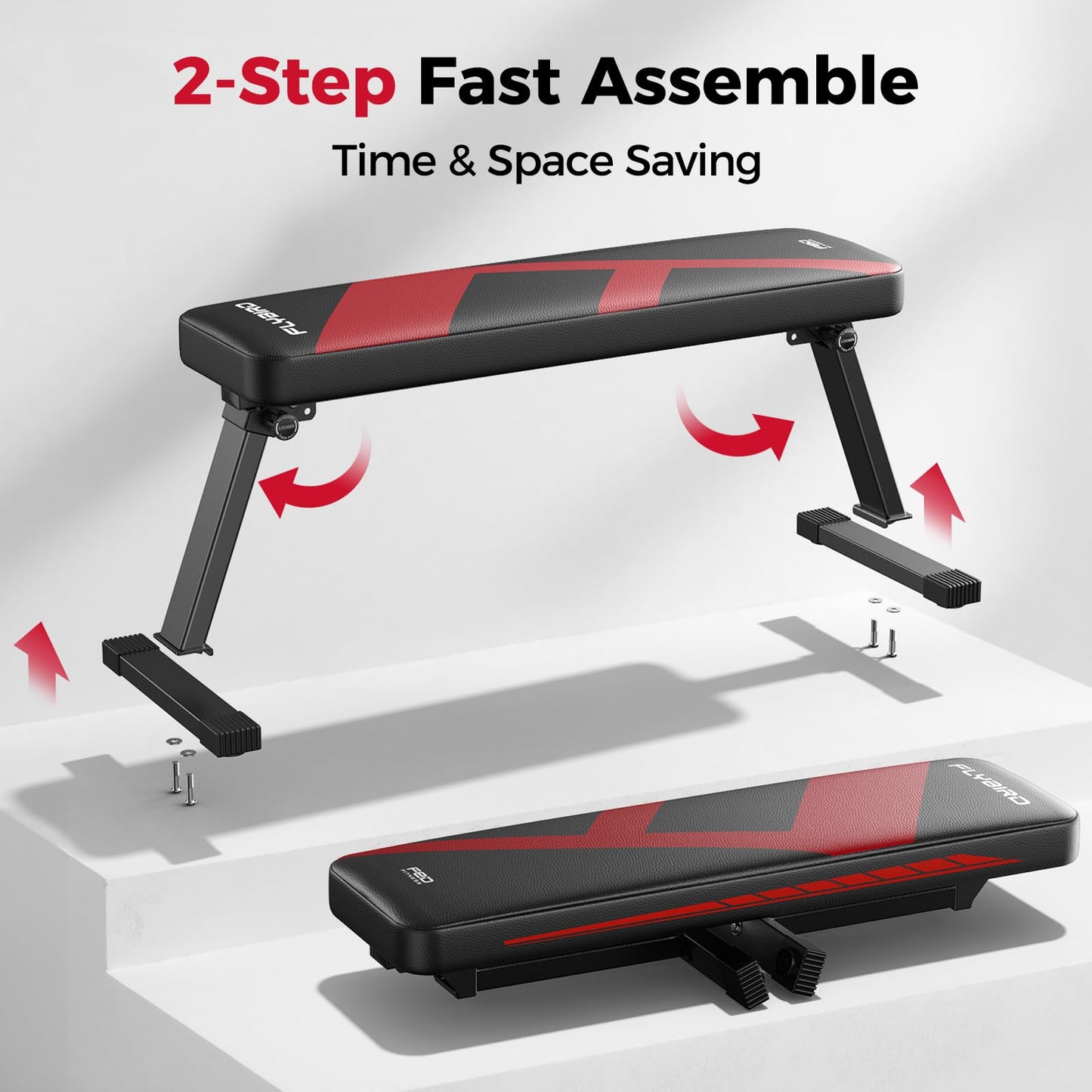 FLYBIRD Foldable Flat Weight Bench For Home Gym, Sturdy Strength Training Workout Bench, Space-saving Bench Press Flat Exercise Bench, Easy to Assemble (A-Red)