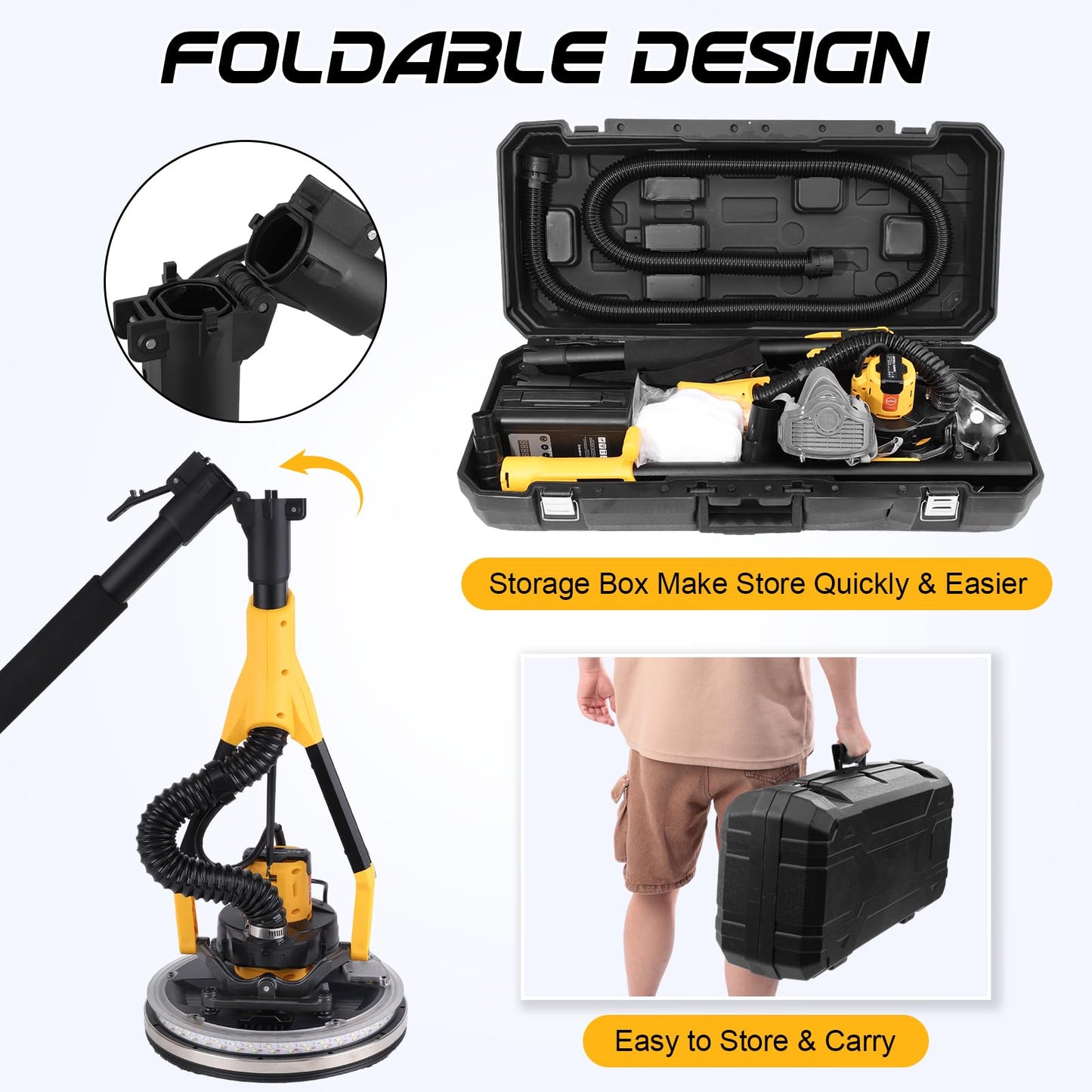 Gyfent Brushless Drywall Sander, 1200W 10-Amp Popcorn Ceiling Removal Tool with 800-2200RPM 8 Variable Speed 12pcs Sanding Discs Drywall Sander with Vacuum Dust Collector LED Light for Ceiling Sanding