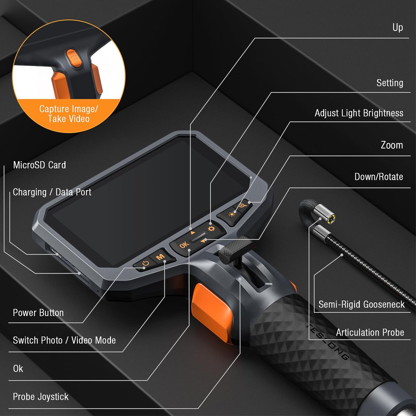 Teslong 10FT Articulating Borescope with Light, 0.25inch Two-Way Mechanic Endoscope Inspection Camera with Articulated Probe, Flexible Fiber Optic Snake Scope Cam for Wall Automotive Engine Inspect